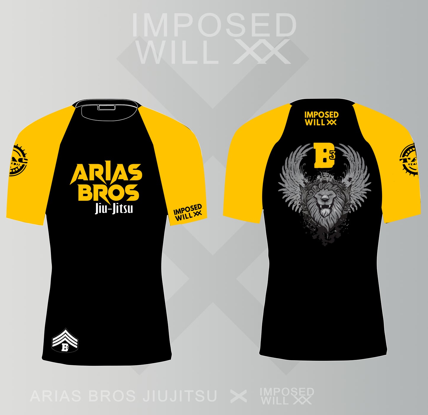 MENS/UNISEX Arias Bros Jiu Jitsu Rashguard - Short Sleeve: Black/Yellow