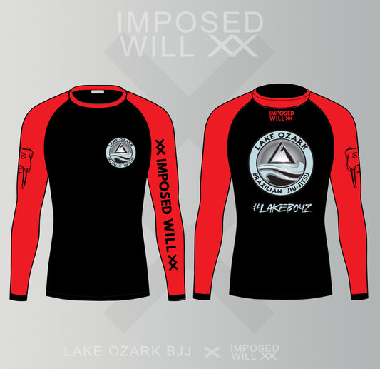 MENS/UNISEX Lake Ozark BJJ Ranked Rash - Long Sleeve: Black/Red